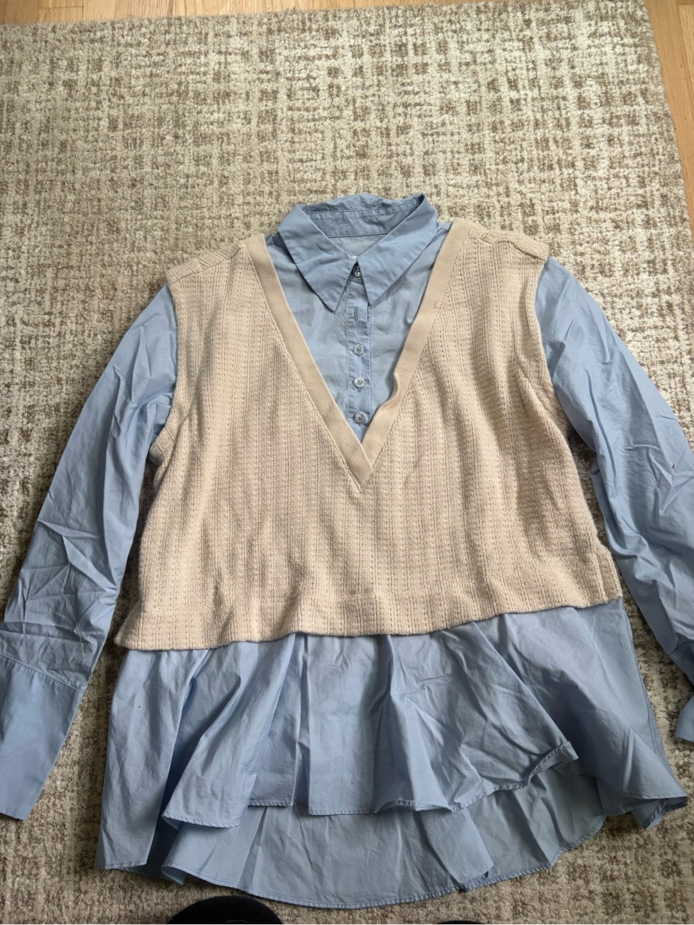 Beige Knit V-Neck Vest Over Blue Shirt - Top